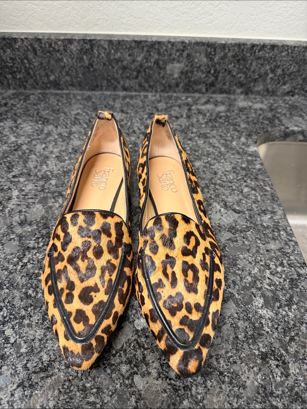 Franco Sarto Leopard Haircalf Pointed Loafers - Tan & Black